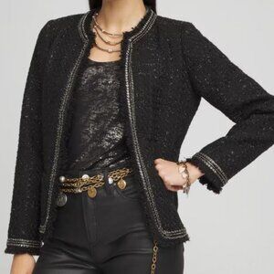 NWT Chico's Sequins Embellished Tweed Black Shiny Lurex Jacket size 2 L 12/14